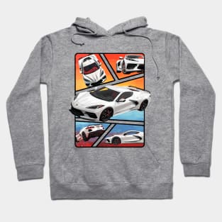 Multiple Angles of the Arctic White C8 Corvette Presented In A Bold Vibrant Panel Art Display Supercar Sports Car Racecar Torch Arctic White Corvette C8 Hoodie